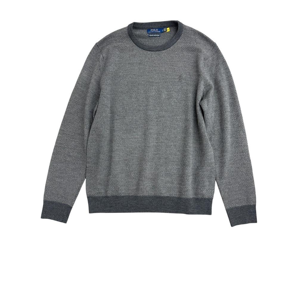 Polo Ralph Lauren‎ Mens Grey Herringbone Washable Merino Wool Crewneck Sweater L